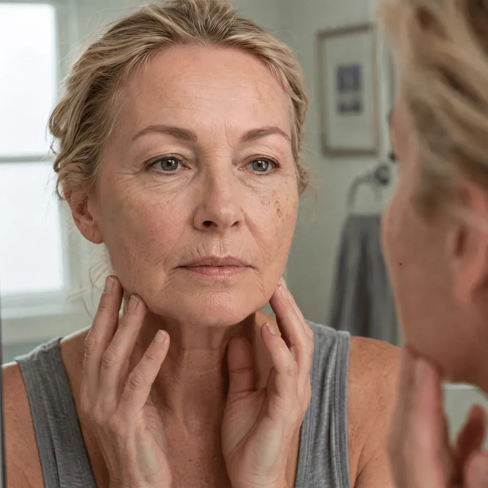A middle-aged woman with blonde hair looks in a mirror, touching her face and neck.
