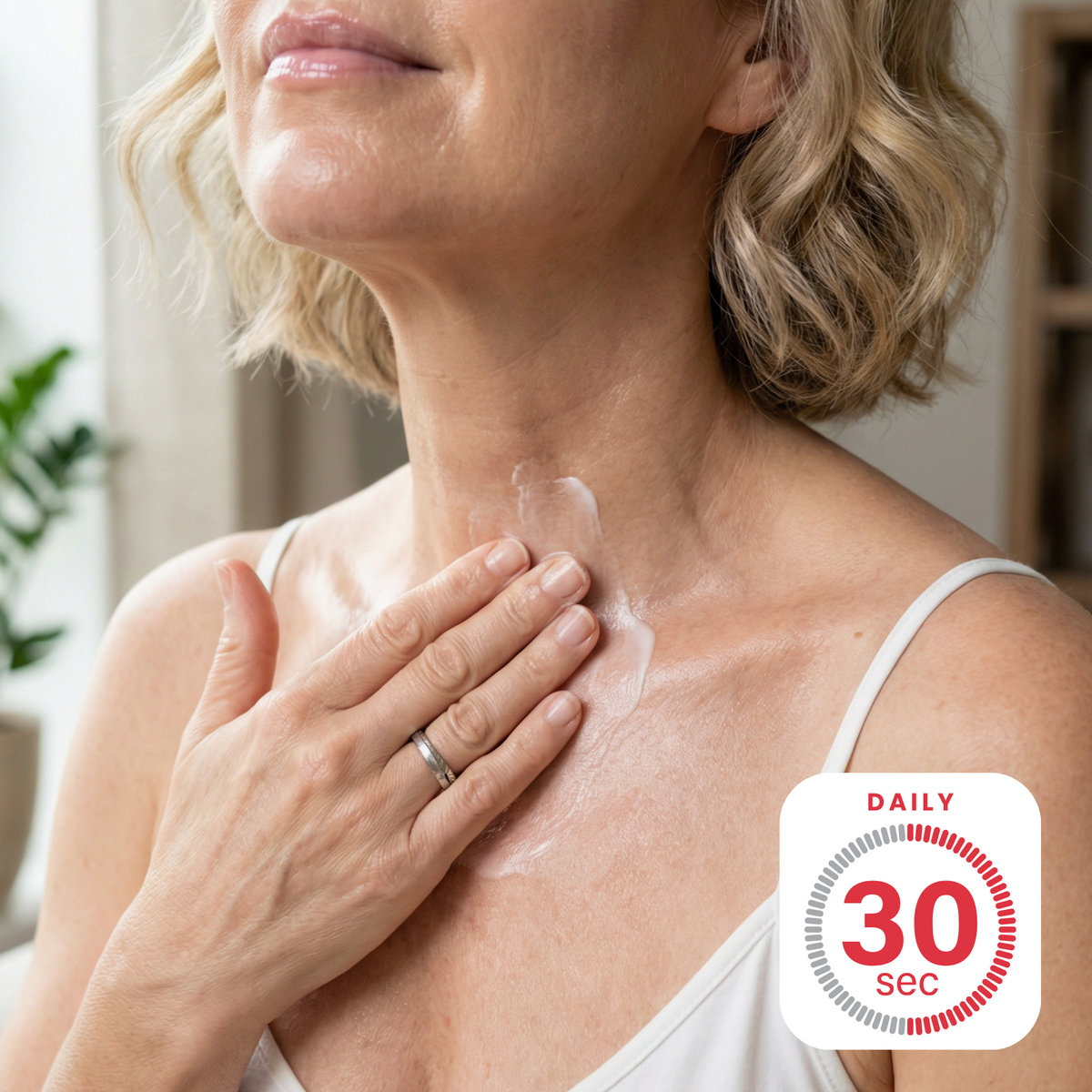 Woman applying cream to neck
